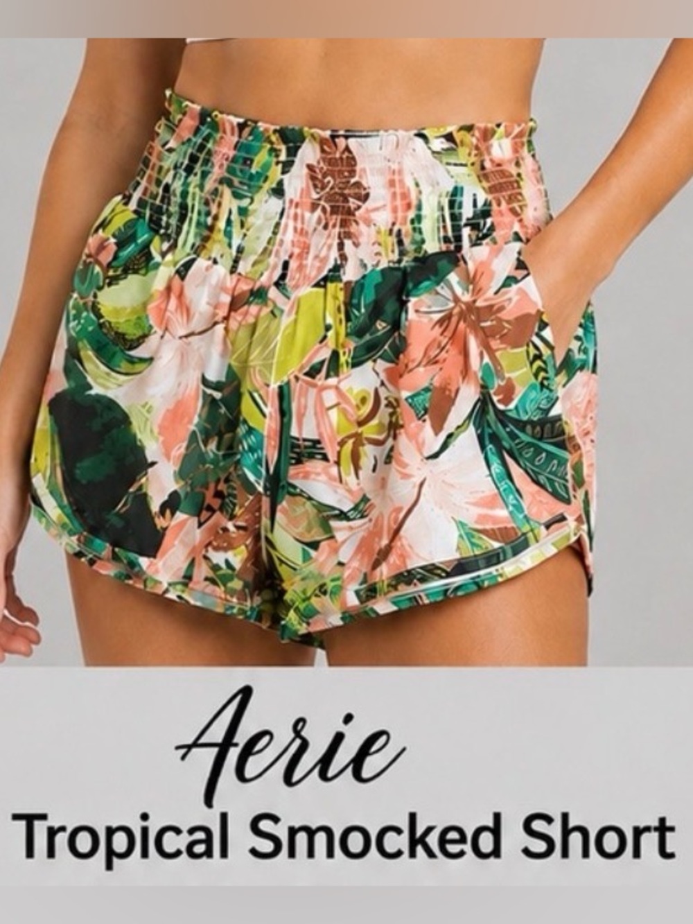 aerie Tropical Floral Smocked Shorts - Green, Pink, White